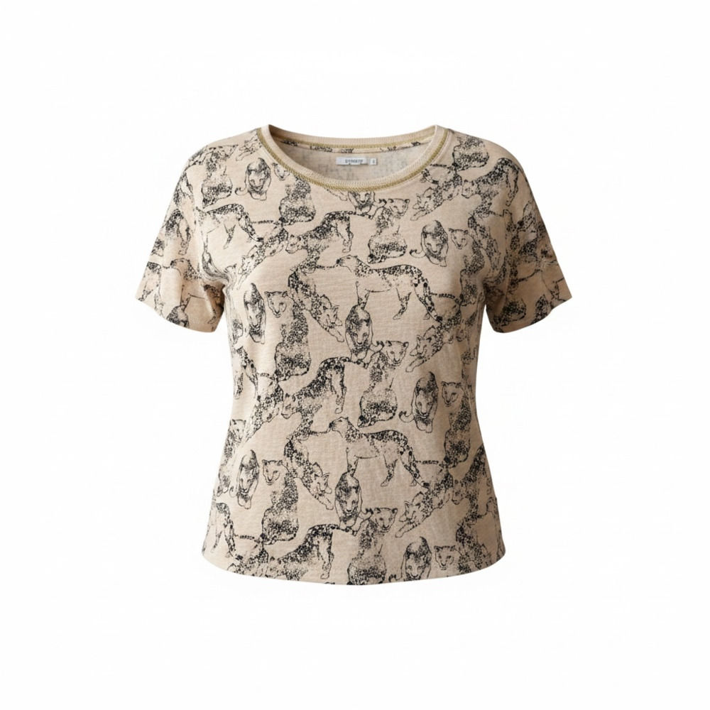 Chico's Women's Panther Print 100% Linen Short Sleeve T-Shirt